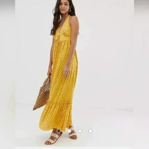 ASOS DESIGN halter maxi dress with lace up in polka dot. Size 14